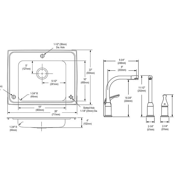 Elkay DRKAD282240RC Lustertone® Classic Stainless Steel 28" x 22" x 4" Single Bowl Drop-in Classroom ADA Sink+Faucet/Bubbler Kit