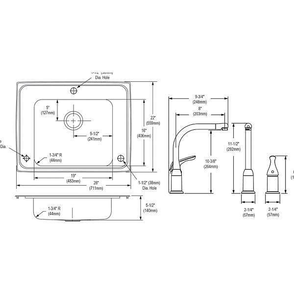 Elkay DRKAD282255LC Lustertone Classic Stainless Steel 28" x 22" x 5-1/2" Single Bowl Drop-in Classroom ADA Sink Kit