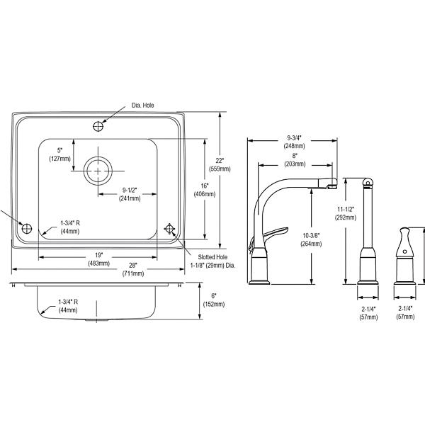 Elkay DRKAD282260RC Lustertone® Classic Stainless Steel 28" x 22" x 6" Single Bowl Drop-in Classroom ADA Sink+Faucet/Bubbler Kit