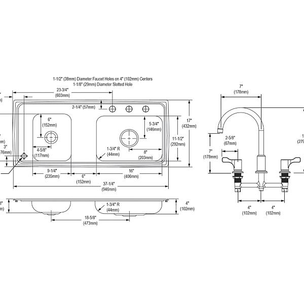 Elkay DRKAD371740LC Lustertone® Classic Stainless Steel 37-1/4" x 17" x 4" Double Bowl Drop-in Classroom ADA Sink Kit