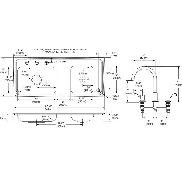 Elkay DRKAD371740RC Lustertone® Classic Stainless Steel 37-1/4" x 17" x 4" Double Bowl Drop-in Classroom ADA Sink Kit