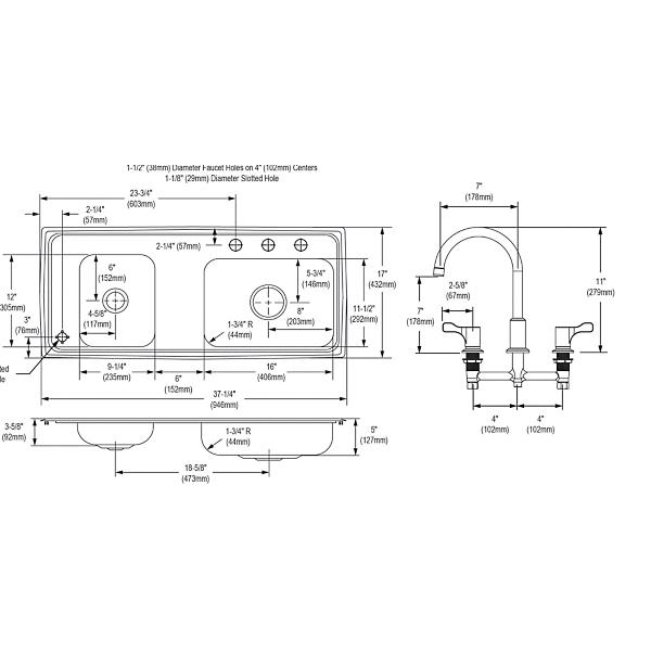 Elkay DRKAD371750LC Lustertone® Classic Stainless Steel 37-1/4" x 17" x 5" Double Bowl Drop-in Classroom ADA Sink Kit