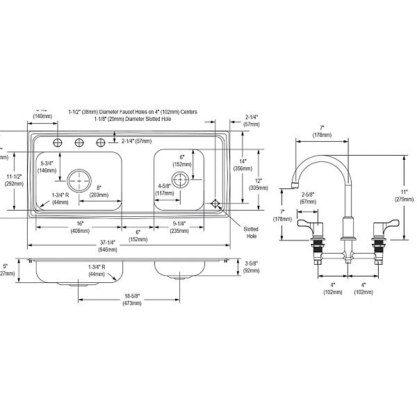 Elkay DRKAD371750RC Lustertone® Classic Stainless Steel 37-1/4" x 17" x 5" Double Bowl Drop-in Classroom ADA Sink Kit