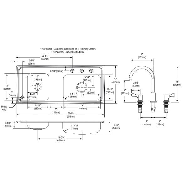 Elkay DRKAD371755LC Lustertone Classic Stainless Steel 37-1/4" x 17" x 5-1/2" Double Bowl Drop-in Classroom ADA Sink Kit