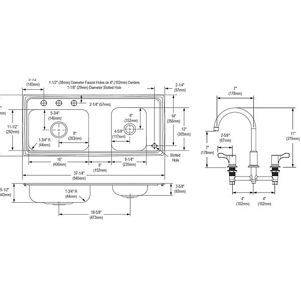Elkay DRKAD371755RC Lustertone® Classic Stainless Steel 37-1/4" x 17" x 5-1/2" Double Bowl Drop-in Classroom ADA Sink Kit