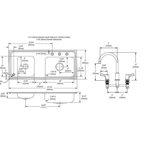 Elkay DRKAD371765LC Lustertone Classic Stainless Steel 37-1/4" x 17" x 6-1/2" Double Bowl Drop-in Classroom ADA Sink Kit