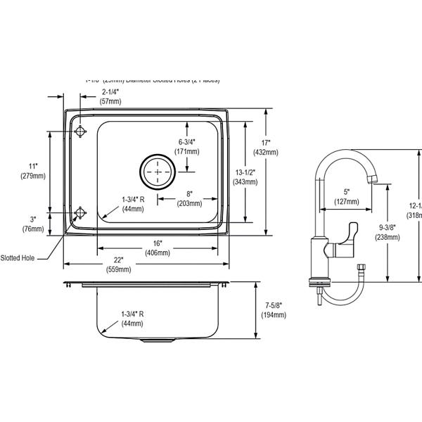 Elkay DRKR2217LFFC Lustertone® Classic Stainless Steel 22" x 17" x 7-5/8" 2-Hole Single Drop-in Classroom Sink + Faucet/Bubbler Kit and Vandal-resistant Filtration Kit With Filter Status Monitor