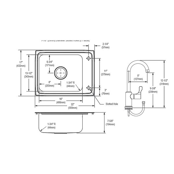 Elkay DRKR2217RC Lustertone® Classic Stainless Steel 22" x 17" x 7-5/8" 2-Hole Single Drop-in Classroom Sink + Faucet/Bubbler Kit