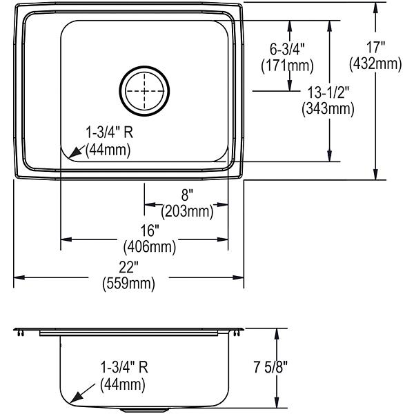 Elkay DRKR2217 Lustertone® Classic Stainless Steel 22" x 17" x 7-5/8" Single Bowl Drop-in Classroom Sink
