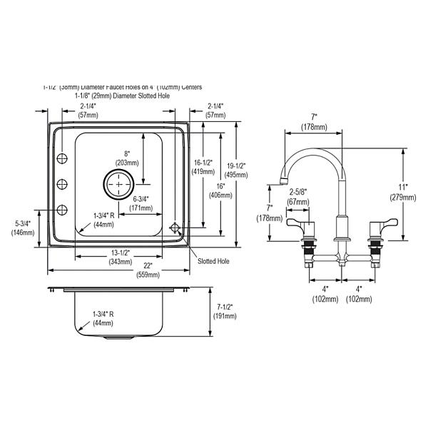 Elkay DRKR2220C Lustertone® Classic Stainless Steel 22" x 19-1/2" x 7-1/2" Single Classroom Sink + Faucet/Bubbler Kit