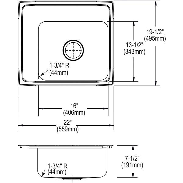 Elkay DRKR2220L Lustertone® Classic Stainless Steel 22" x 19-1/2" x 7-1/2" Single Bowl Drop-in Classroom Sink