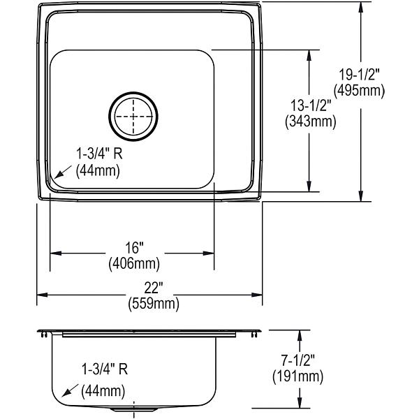 Elkay DRKRQ2220R4 Lustertone® Classic Stainless Steel 22" x 19-1/2" x 7-1/2" Single Bowl Drop-in Classroom Sink with Quick-clip