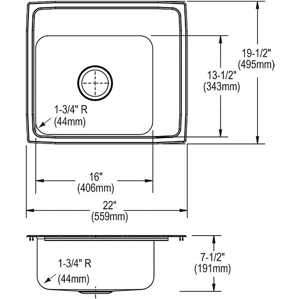 Elkay DRKR2220R Lustertone® Classic Stainless Steel 22" x 19-1/2" x 7-1/2" Single Bowl Drop-in Classroom Sink