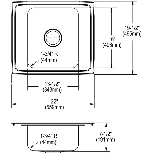 Elkay DRKR2220 Lustertone® Classic Stainless Steel 22" x 19-1/2" x 7-1/2" Single Bowl Drop-in Classroom Sink