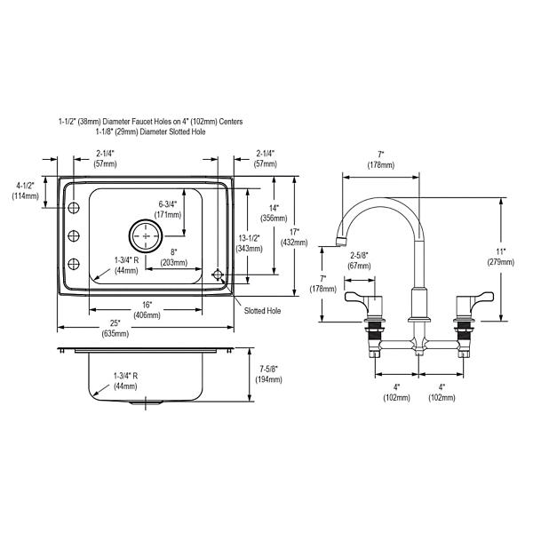 Elkay DRKR2517FFC Lustertone® Classic Stainless Steel 25" x 17" x 7-5/8" 4-Hole Single Bowl Drop-in Classroom Sink + Faucet/Bubbler Kit and Vandal-resistant Filtration Kit With Filter Status Monitor