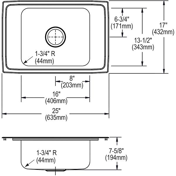 Elkay DRKR2517 Lustertone® Classic Stainless Steel 25" x 17" x 7-5/8" Single Bowl Drop-in Classroom Sink