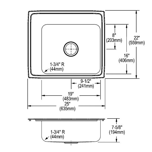 Elkay DRKR2522L4 Lustertone® Classic Stainless Steel 25" x 22" x 7-5/8" Single Bowl Drop-in Classroom Sink