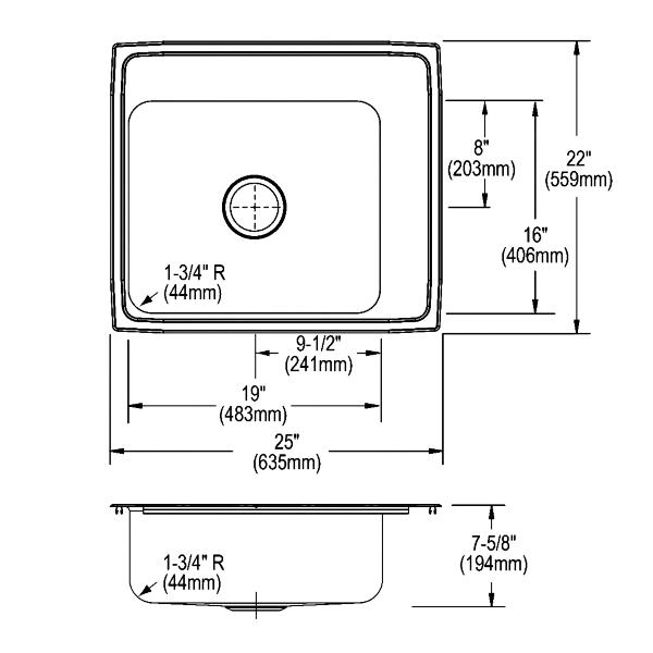 Elkay DRKR2522R Lustertone® Classic Stainless Steel 25" x 22" x 7-5/8" Single Bowl Drop-in Classroom Sink