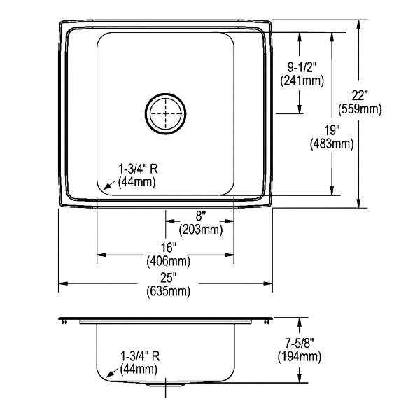 Elkay DRKR25224 Lustertone® Classic Stainless Steel 25" x 22" x 7-5/8" Single Bowl Drop-in Classroom Sink