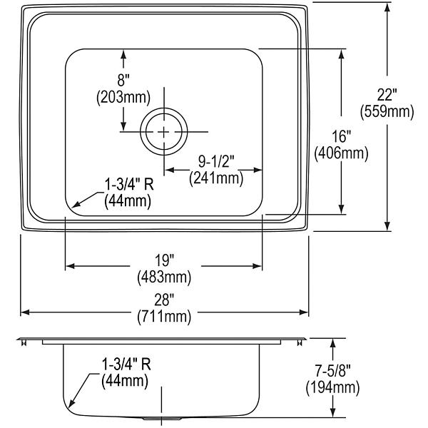 Elkay DRKR2822 Lustertone® Classic Stainless Steel 28" x 22" x 7-5/8" Single Bowl Top Mount Classroom Sink