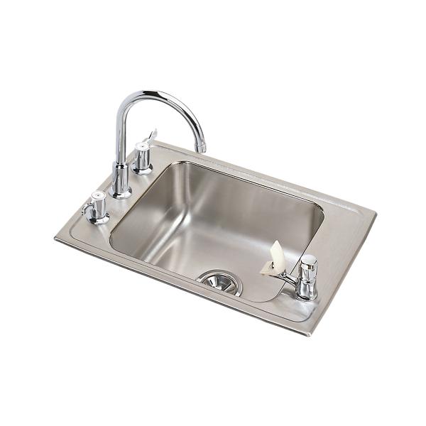 Elkay DRKR3119FFC Lustertone® Classic Stainless Steel 31" x 19-1/2" x 7-5/8" 4-Hole Single Classroom Sink + Faucet/Bubbler Kit and Vandal-resistant Filtration Kit With Filter Status Monitor