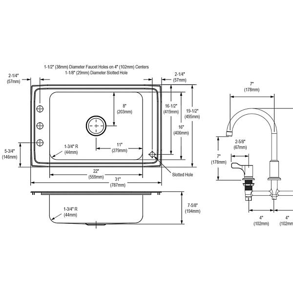 Elkay DRKR3119FFC Lustertone® Classic Stainless Steel 31" x 19-1/2" x 7-5/8" 4-Hole Single Classroom Sink + Faucet/Bubbler Kit and Vandal-resistant Filtration Kit With Filter Status Monitor