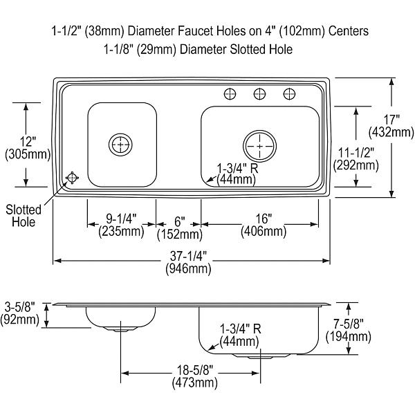 Elkay DRKR3717L4 Lustertone® Classic Stainless Steel 37-1/4" x 17" x 7-5/8" Double Bowl Drop-in Classroom Sink