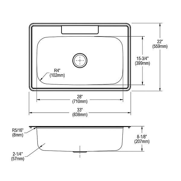 Elkay DSE13322 Dayton® Stainless Steel 33" x 22" x 8-1/16" Single Bowl Drop-in Sink