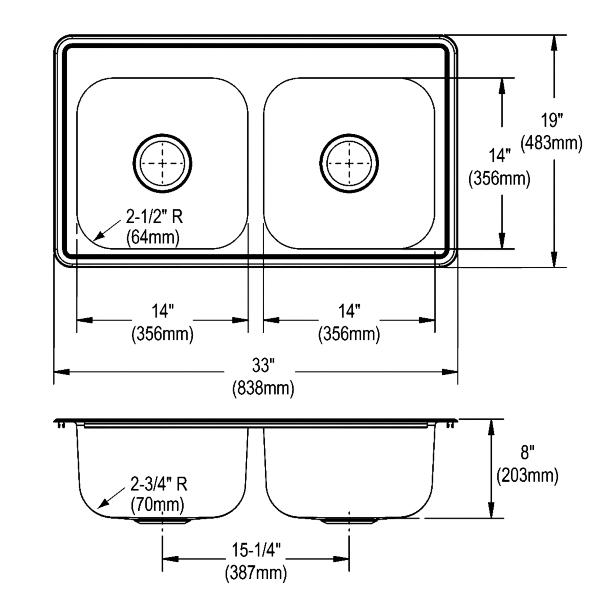 Elkay DSE23319 Dayton® Stainless Steel 33" x 19" x 8" Equal Double Bowl Drop-in Sink