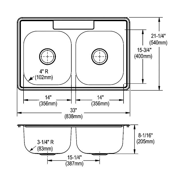 Elkay DSE23321 Dayton® Stainless Steel 33" x 21-1/4" x 8-1/16" Equal Double Bowl Drop-in Sink