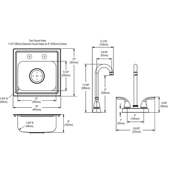 Elkay DSEP1515C Dayton® Stainless Steel 15" x 15" x 6" 2-Hole Single Bowl Drop-in Bar Sink + Faucet Kit