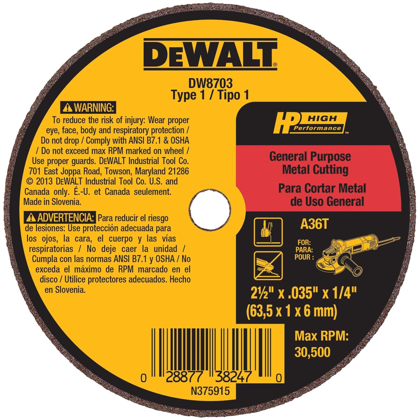 Dewalt DW8705 2-1/2" x .035" x 1/4" A36T Metal & Stainless Cutting & Grinding Wheel