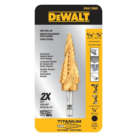 Dewalt DWA1786IR 3/16" - 7/8" Impact Ready® Titanium Nitride Coating Step Drill Bit