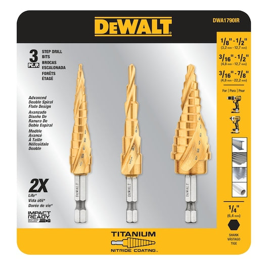 Dewalt DWA1790IR Impact Ready® Titanium Nitride Coating Step Drill Bit Set (3 Pc)