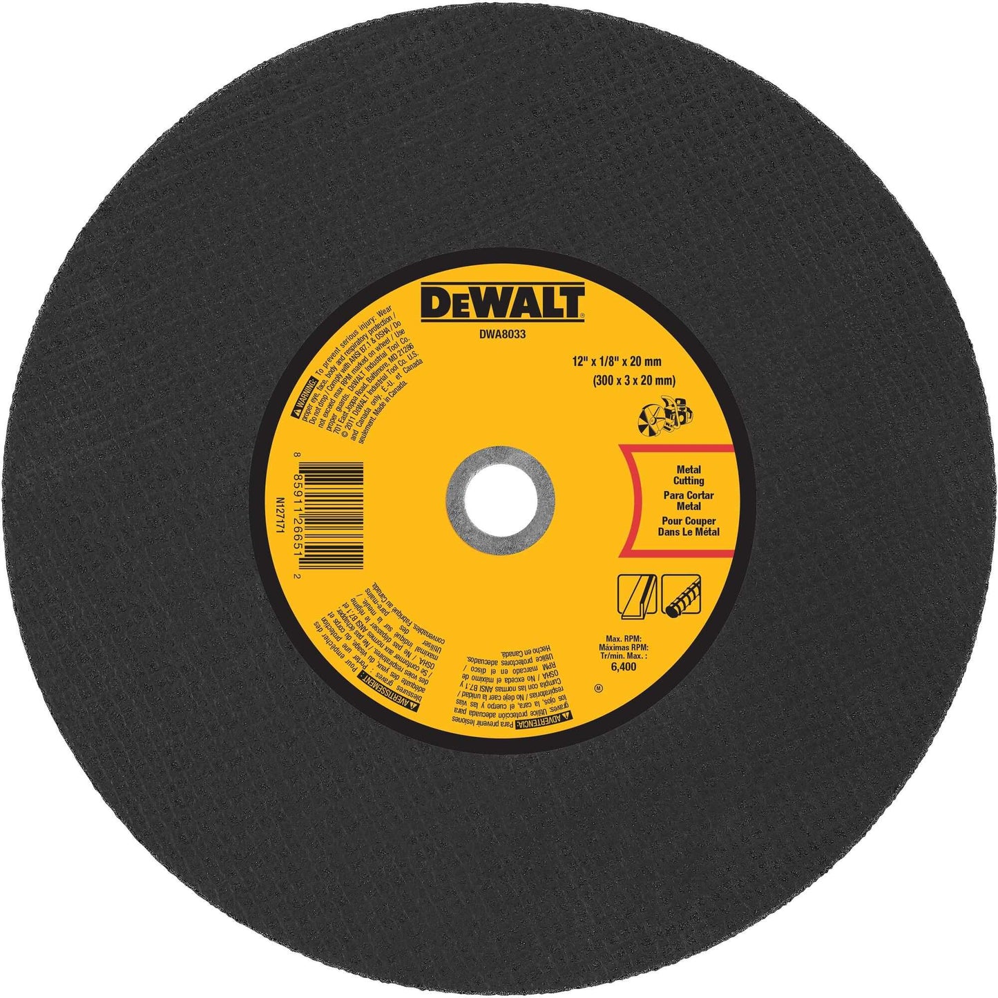 Dewalt DWA8033 12" X 1/8" X 20Mm Metal Portable Saw Cut-Off Wheel