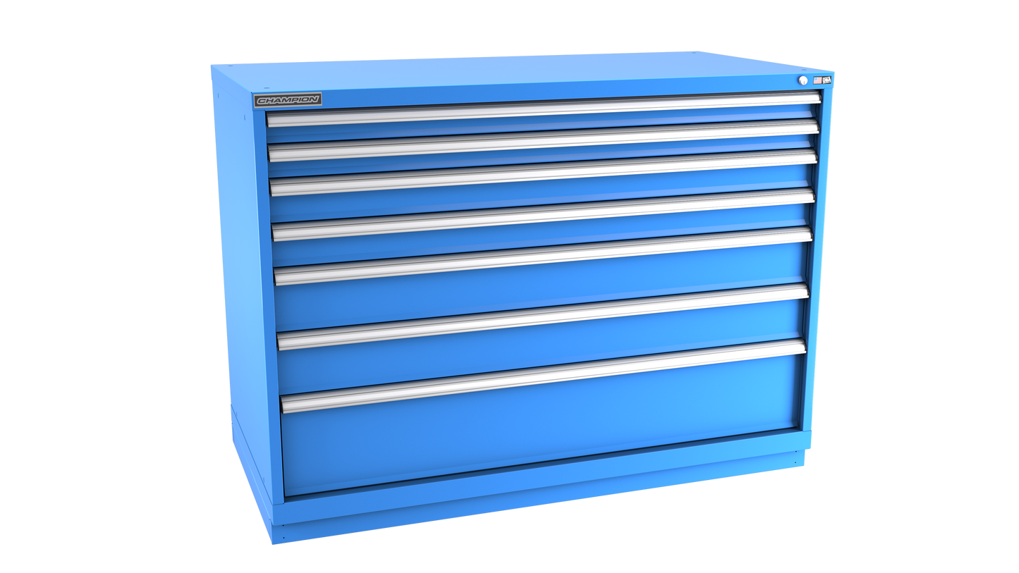 Champion Tool Storage DWS1800-0701-ILC-FTB-BB 7-Drawer Shallow Depth Modular Cabinet DWS0701 | 56-1/2"W x 41-3/4"H x 22-1/2"D, Bright Blue