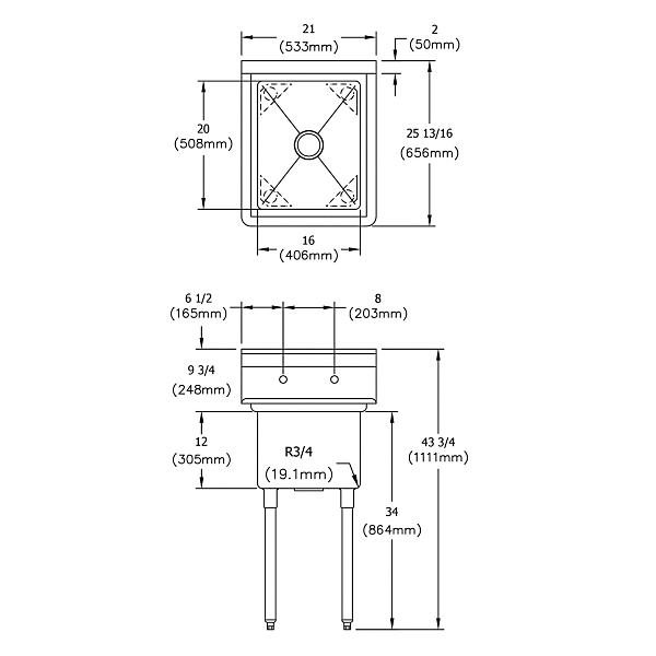 Elkay E1C16X20-0X Dependabilt Stainless Steel 21" x 25-13/16" x 43-3/4" 18 Gauge One Compartment Sink with Stainless Steel Legs