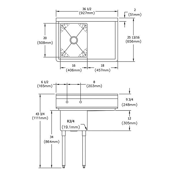 Elkay E1C16X20-R-18X Dependabilt Stainless Steel 36-1/2" x 25-13/16" x 43-3/4" 18 Gauge One Compartment Sink w/ 18" Right Drainboard and Stainless Steel Legs