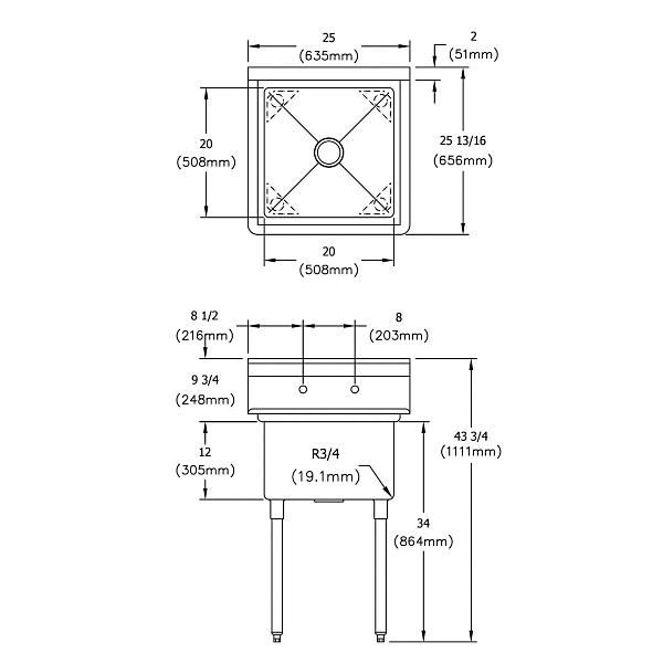 Elkay E1C20X20-0X Dependabilt Stainless Steel 25" x 25-13/16" x 43-3/4" 18 Gauge One Compartment Sink with Stainless Steel Legs