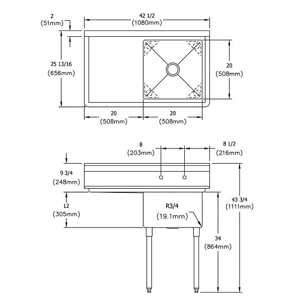 Elkay E1C20X20-L-20X Dependabilt Stainless Steel 42-1/2" x 25-13/16" x 43-3/4" 18 Gauge One Compartment Sink w/ 20" Left Drainboard and Stainless Steel Legs