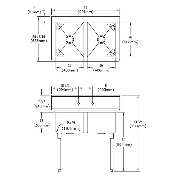 Elkay E2C16X20-0X Dependabilt Stainless Steel 39" x 25-13/16" x 43-3/4" 18 Gauge Two Compartment Sink with Stainless Steel Legs