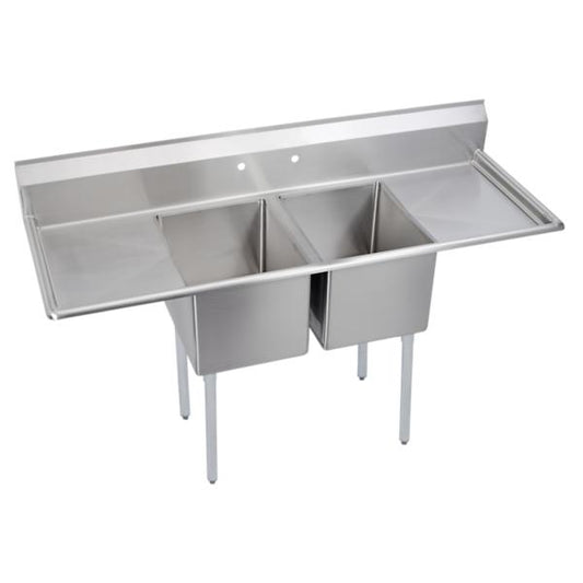 Elkay E2C16X20-2-18X Dependabilt Stainless Steel 70" x 25-13/16" x 43-3/4" 18 Gauge Two Compartment Sink w/ 18" Left and Right Drainboards and Stainless Steel Legs