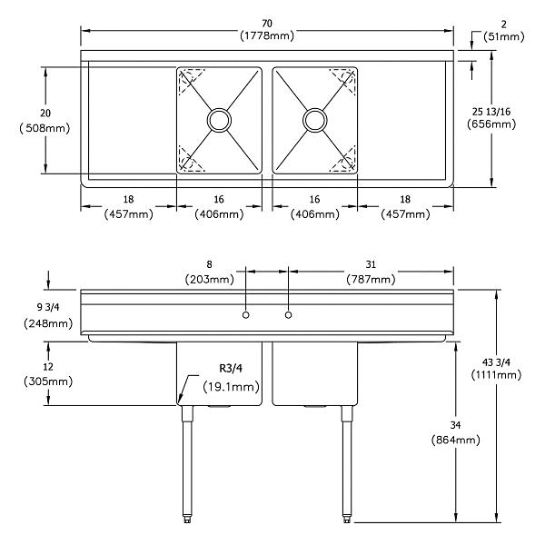 Elkay E2C16X20-2-18X Dependabilt Stainless Steel 70" x 25-13/16" x 43-3/4" 18 Gauge Two Compartment Sink w/ 18" Left and Right Drainboards and Stainless Steel Legs