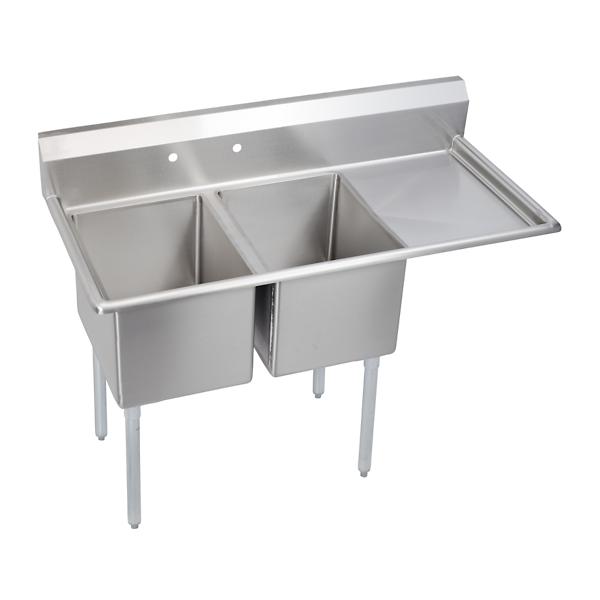 Elkay E2C16X20-R-18X Dependabilt Stainless Steel 54-1/2" x 25-13/16" x 43-3/4" 18 Gauge Two Compartment Sink w/ 18" Right Drainboard and Stainless Steel Legs