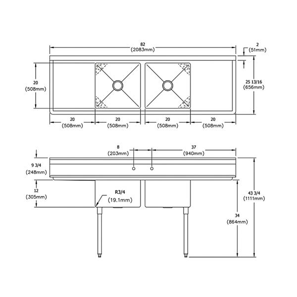 Elkay E2C20X20-2-20X Dependabilt Stainless Steel 82" x 25-13/16" x 43-3/4" 18 Gauge Two Compartment Sink w/ 20" Left and Right Drainboards and Stainless Steel Legs