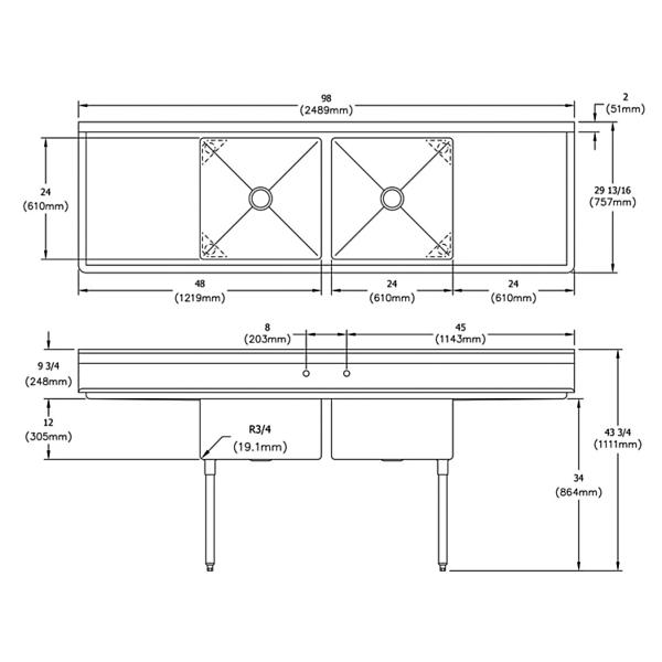 Elkay E2C24X24-2-24X Dependabilt Stainless Steel 98" x 29-13/16" x 43-3/4" 18 Gauge Two Compartment Sink w/ 24" Left and Right Drainboards and Stainless Steel Legs