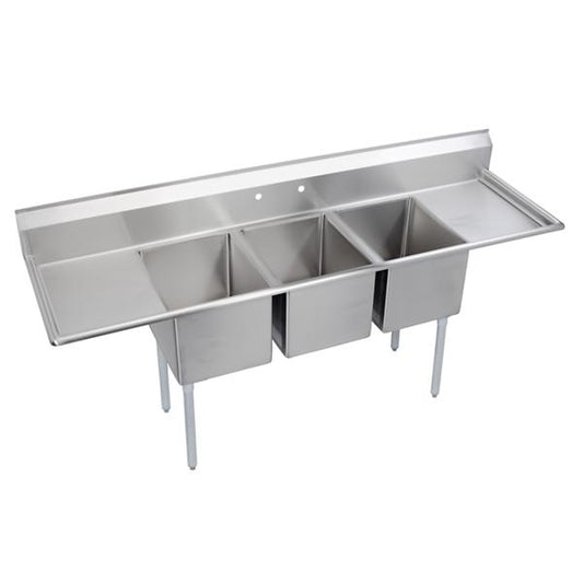 Elkay E3C16X20-2-18X Dependabilt Stainless Steel 88" x 25-13/16" x 43-3/4" 18 Gauge Three Compartment Sink w/ 18" Left and Right Drainboards and Stainless Steel Legs