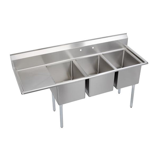 Elkay E3C16X20-L-18X Dependabilt Stainless Steel 72-1/2" x 25-13/16" x 43-3/4" 18 Gauge Three Compartment Sink w/ 18" Left Drainboard and Stainless Steel Legs
