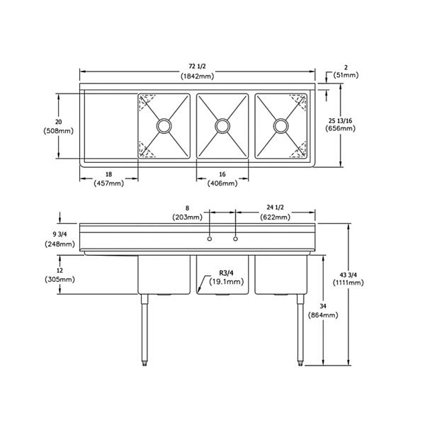 Elkay E3C16X20-L-18X Dependabilt Stainless Steel 72-1/2" x 25-13/16" x 43-3/4" 18 Gauge Three Compartment Sink w/ 18" Left Drainboard and Stainless Steel Legs