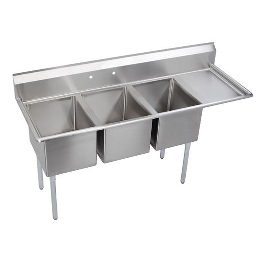 Elkay E3C16X20-R-18X Dependabilt Stainless Steel 72-1/2" x 25-13/16" x 43-3/4" 18 Gauge Three Compartment Sink w/ 18" Right Drainboard and Stainless Steel Legs